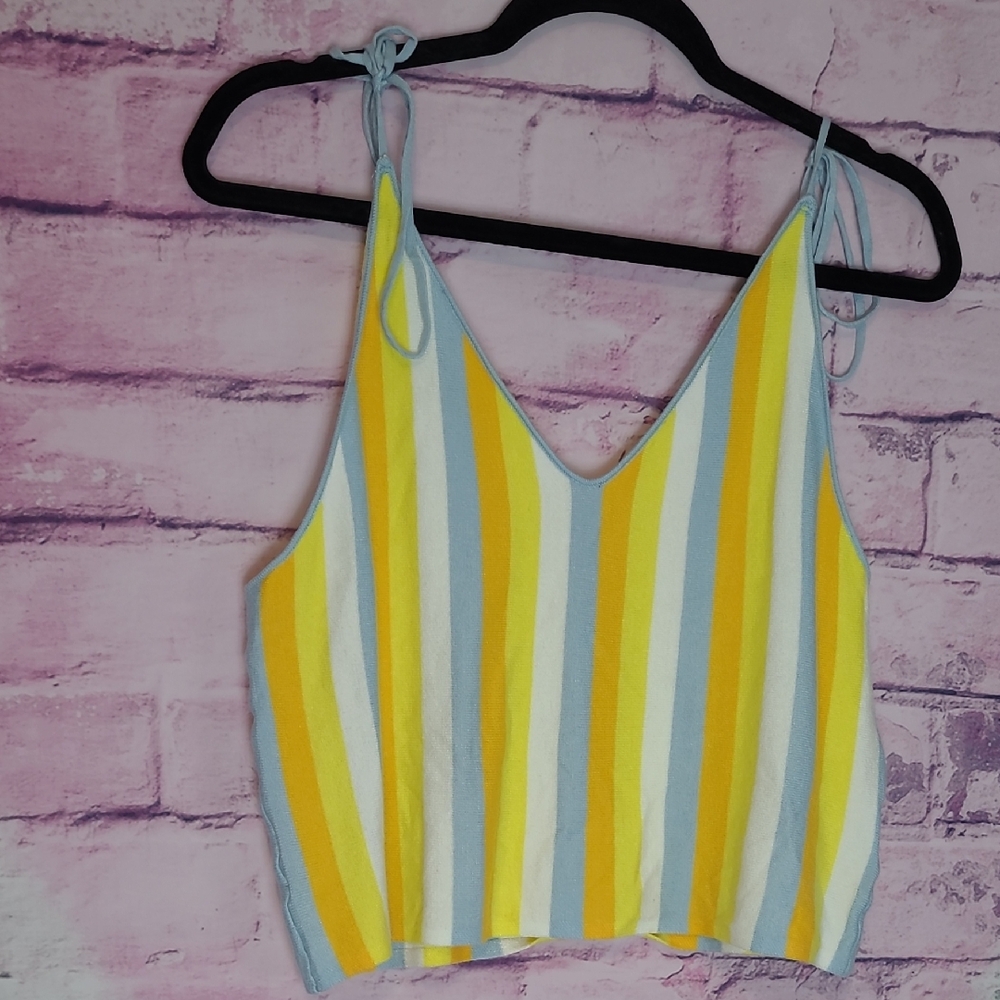 STORIA KNIT TIE SHOULDER CROP TANK TOP FESTIVAL BOHO 70S STRIPE MEDIUM